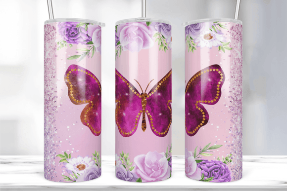 Floral Pink Butterfly 20 Oz Tumbler Wrap